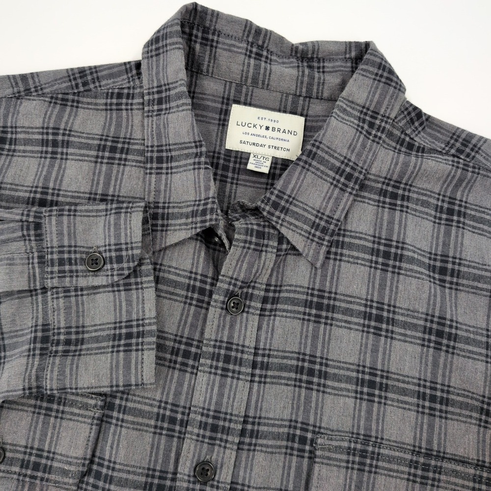 Lucky Brand Saturday Stretch Mens XL Gray Plaid Button Down Shirt